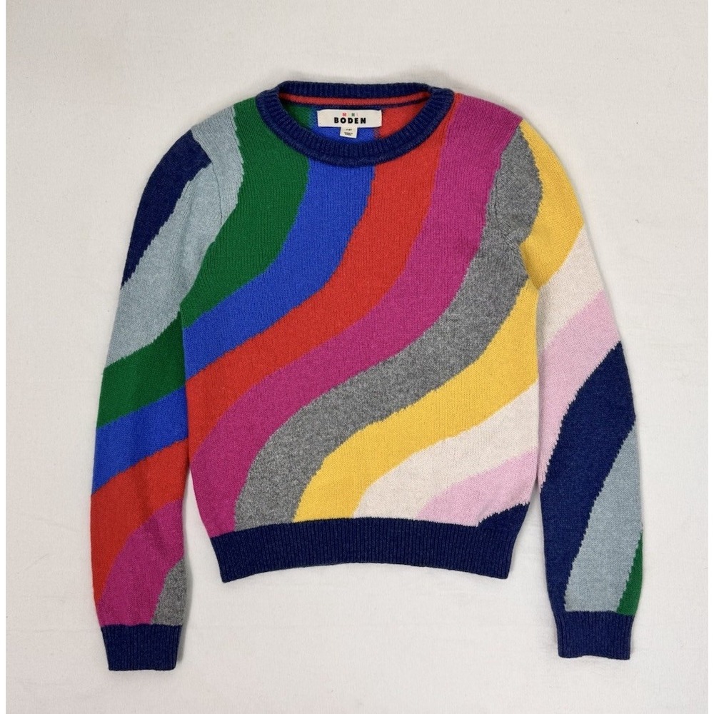 Mini Boden Rainbow Stripe Knit Cardigan Fall Wool Cotton Sweater Kids 6-7